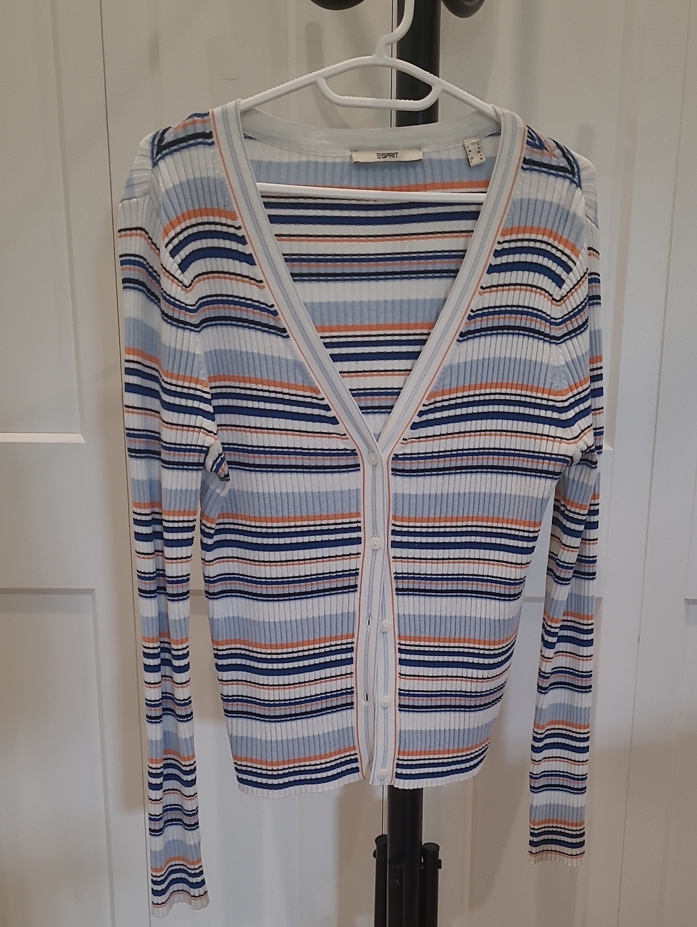 ESPRIT Striped Ribbed V-Neck Cardigan in Light Blue, Navy & Peach